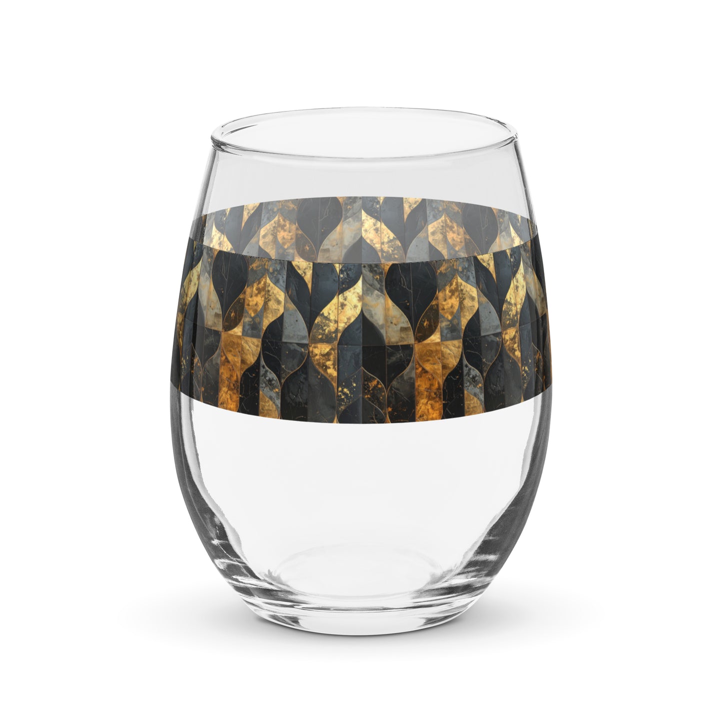 Clear stemless wine glass with charcoal and bronze geometric design on a white background