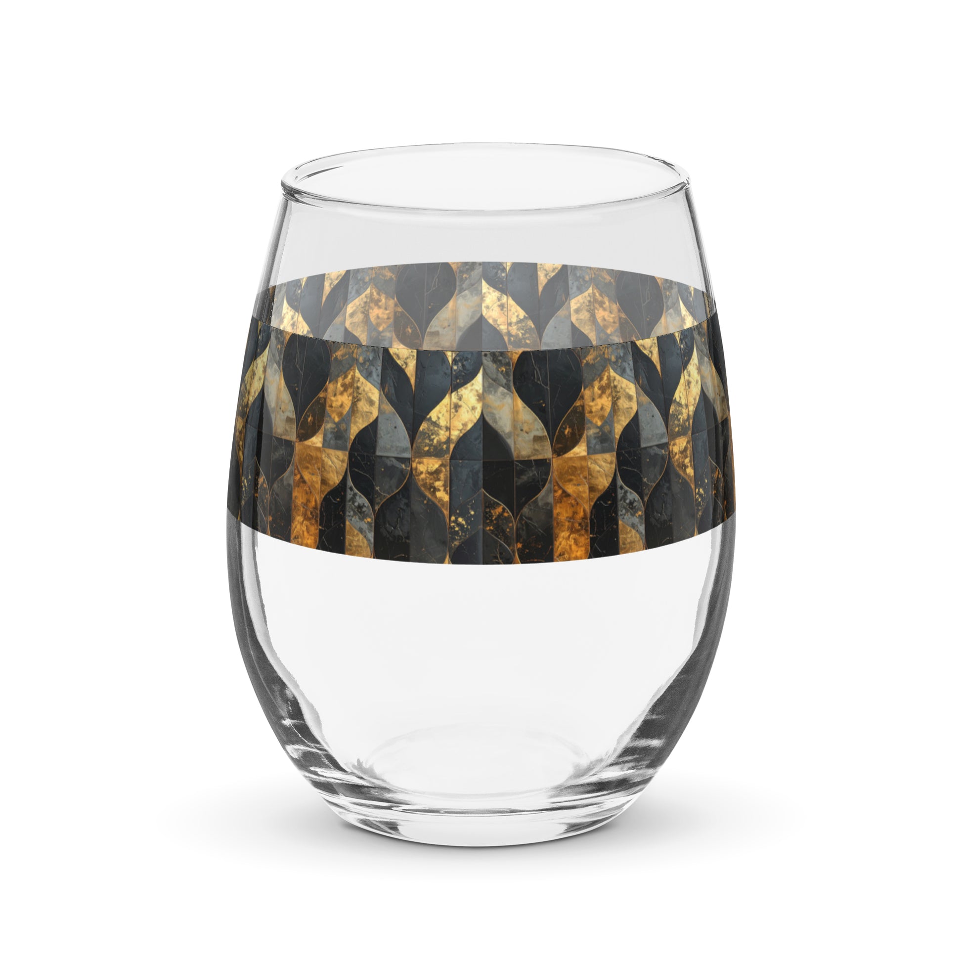 Clear stemless wine glass with charcoal and bronze geometric design on a white background