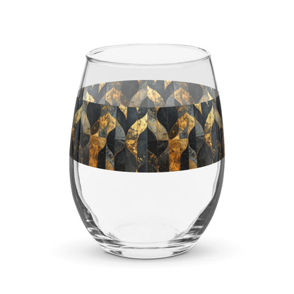 Clear stemless wine glass with charcoal and bronze geometric design on a white background