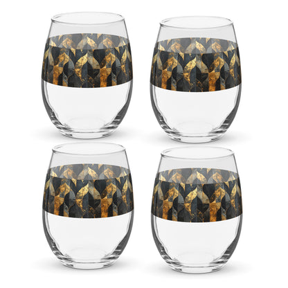 Four clear stemless wine glasses with charcoal and bronze geometric design  on a white background