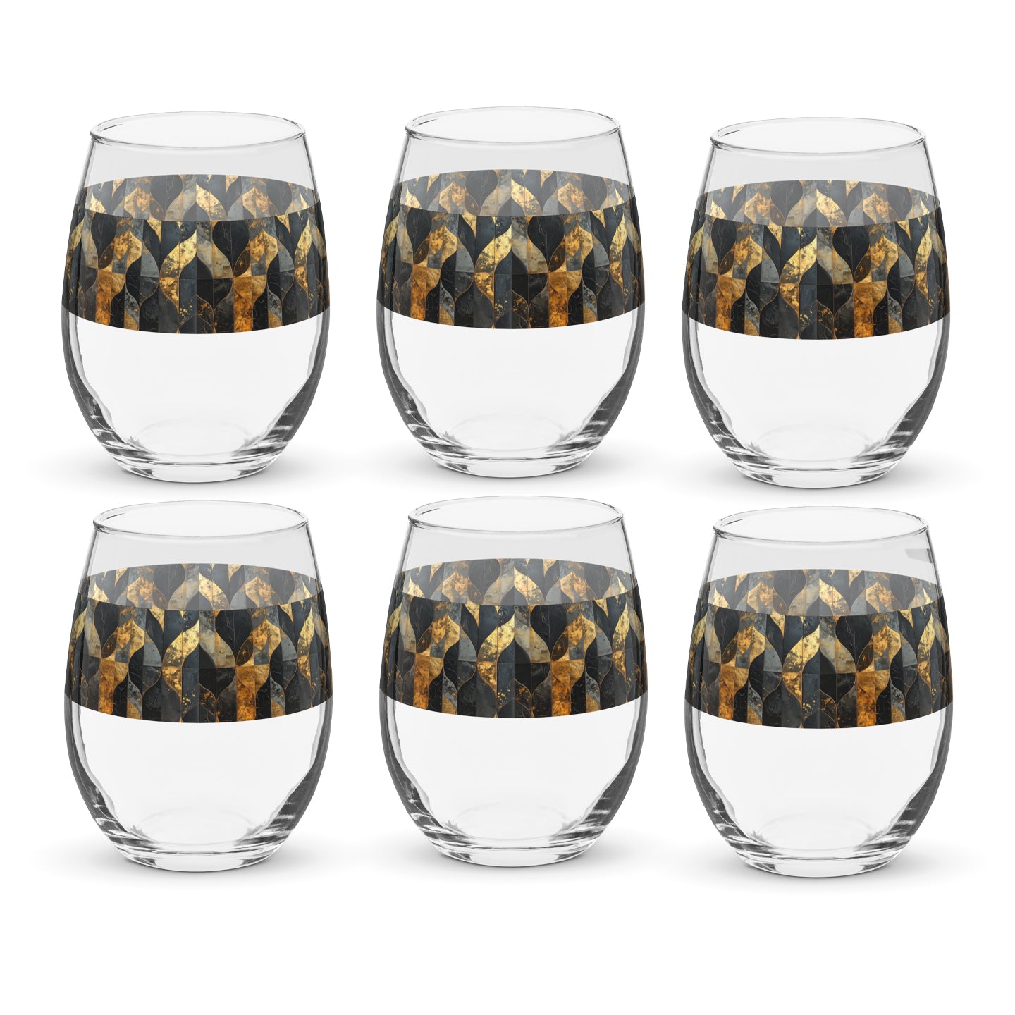 Set of six stemless wine glasses with charcoal and bronze geometric design on a white background