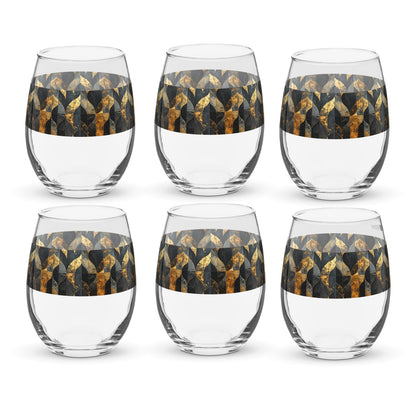 Set of six stemless wine glasses with charcoal and bronze geometric design on a white background