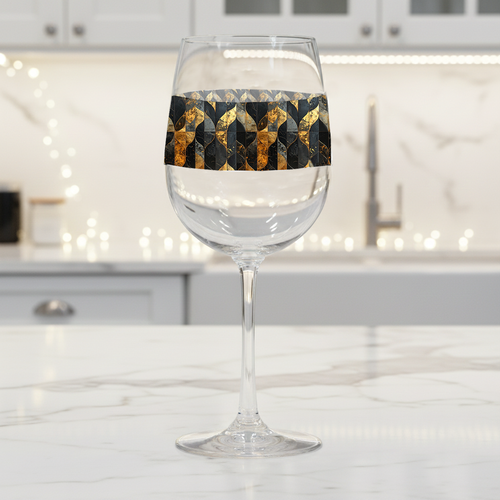 Aged Elegance tall wine glass with bronze and charcoal design on a kitchen counter