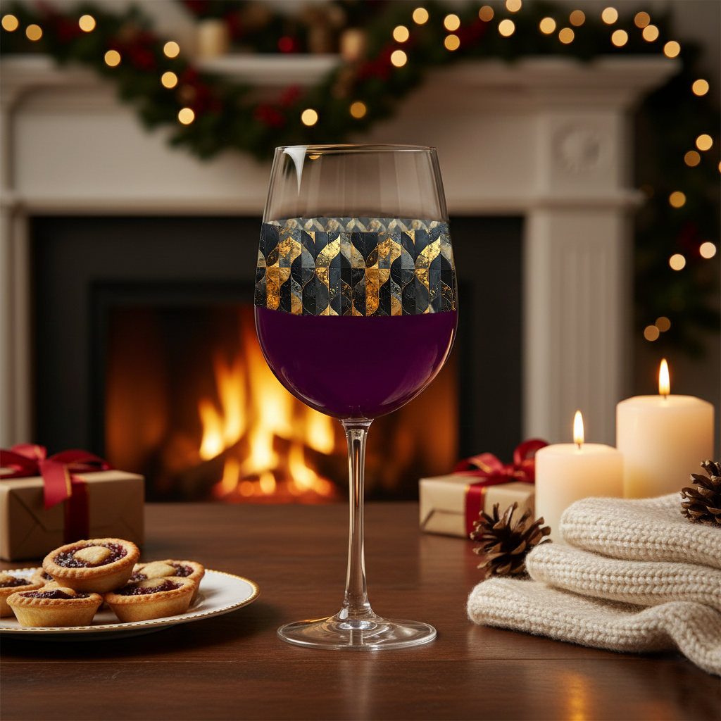 Aged Elegance tall wine glass with bronze and charcoal design, Christmas decorations, pastries, and fireplace in the background,
