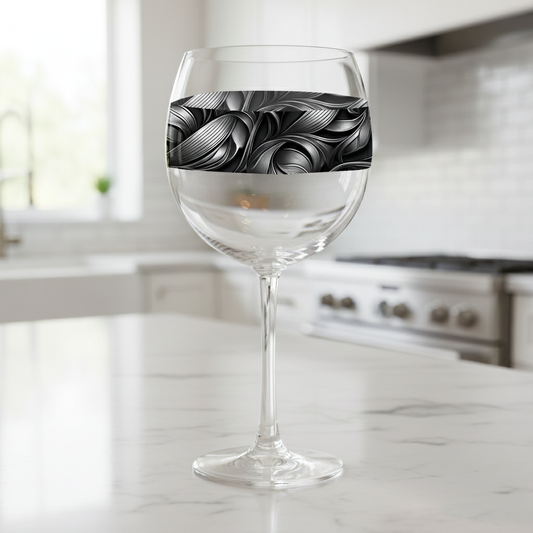 Baroque Swirls balloon wine glass in a gray swirl pattern on a kitchen counter