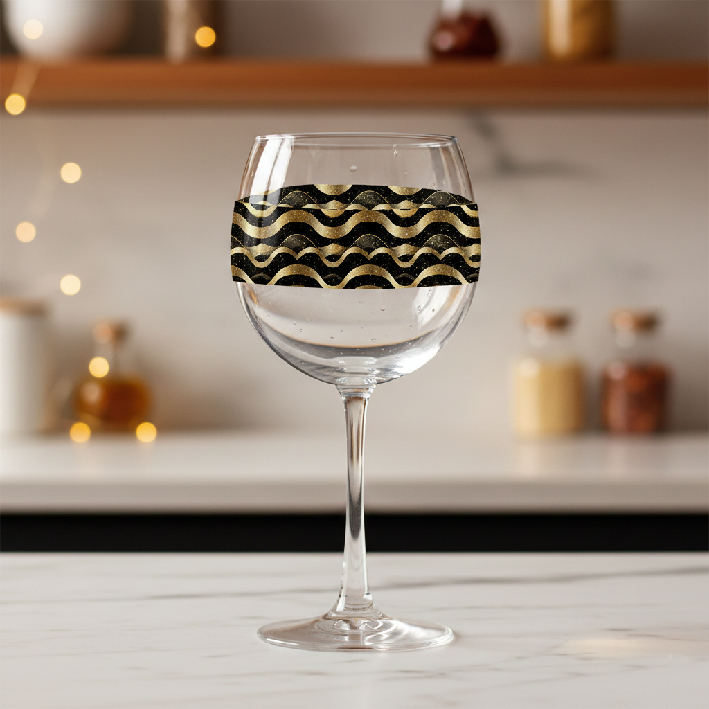 Liquid Gold balloon wine glass with black and gold wavy Art-Deco design on a marnle kitchen counter with blurred background.
