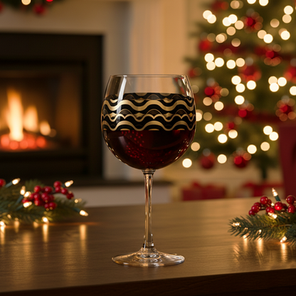 Liquid Gold balloon wine glass with black and gold Art-Deco pattern on a table in front of a Christmas tree and fireplace in the background.