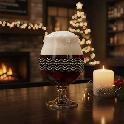 Liquid Gold belgian beer glass with dark beer in a black and gold Art-Deco design and a candle sitting on a table, with Christmas tree blurred in the background