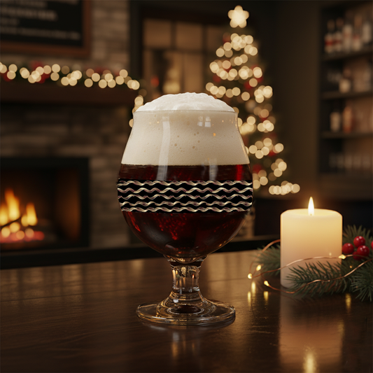 Liquid Gold Belgian beer glass with dark beer in a black and gold wavy design and a candle and Christmas tree in a cozy room.
