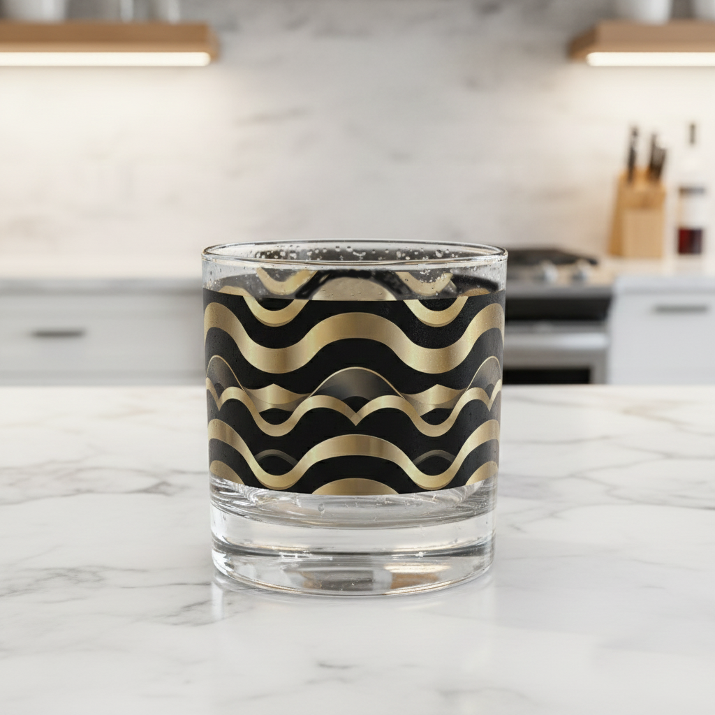 Liquid Gold rocks glass with black and gold wavy Art-Deco design on a marble kitchen countertop with blurred background.