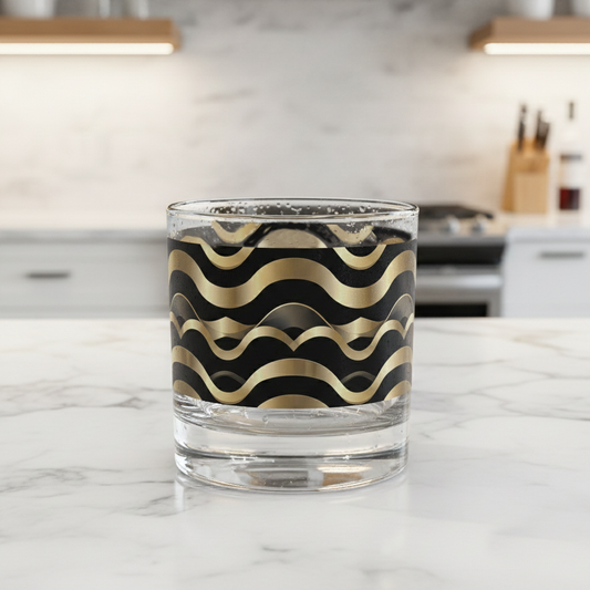 Liquid Gold rocks glass with black and gold wavy Art-Deco design on a marble kitchen countertop with blurred background.