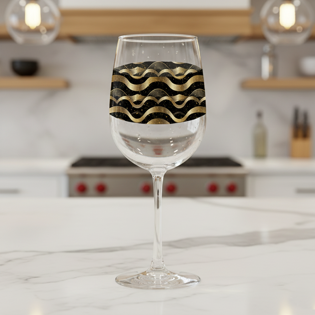 Liquid Gold tall wine glass with black and gold wavy design on a marble kitchen counter and blurred background.
