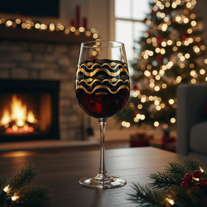 Liquid Gold tall wine glass with black and gold Art-Deco pattern on a table in a cozy room with Christmas tree and fireplace in the background