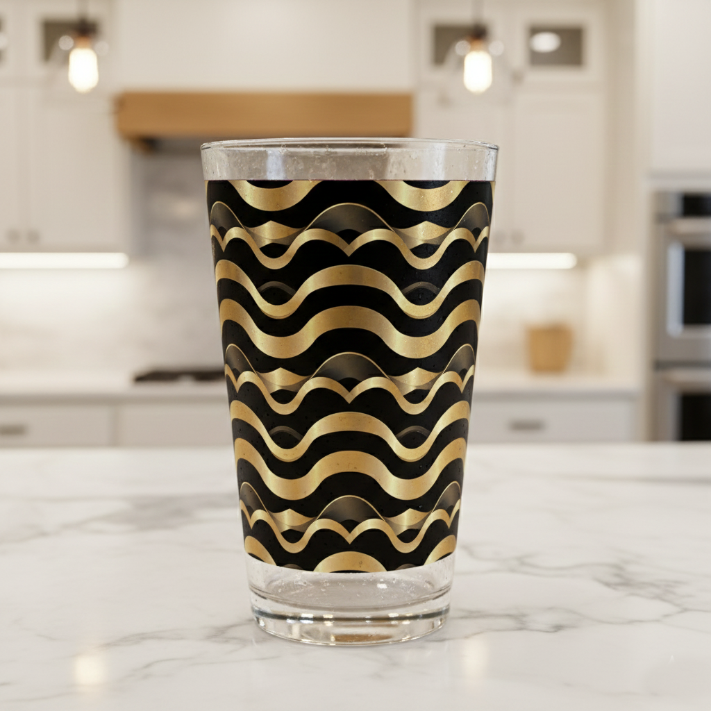 Liquid Gold pint glass with gold and black wavy Art-Deco design on a marble kitchen counter with blurred background.