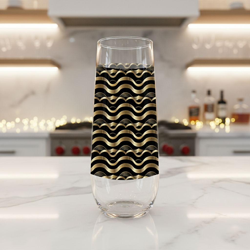 Liquid Gold stemless champagne glass with black and gold wavy Art-Deco design on a marble kitchen counter with blurred background.