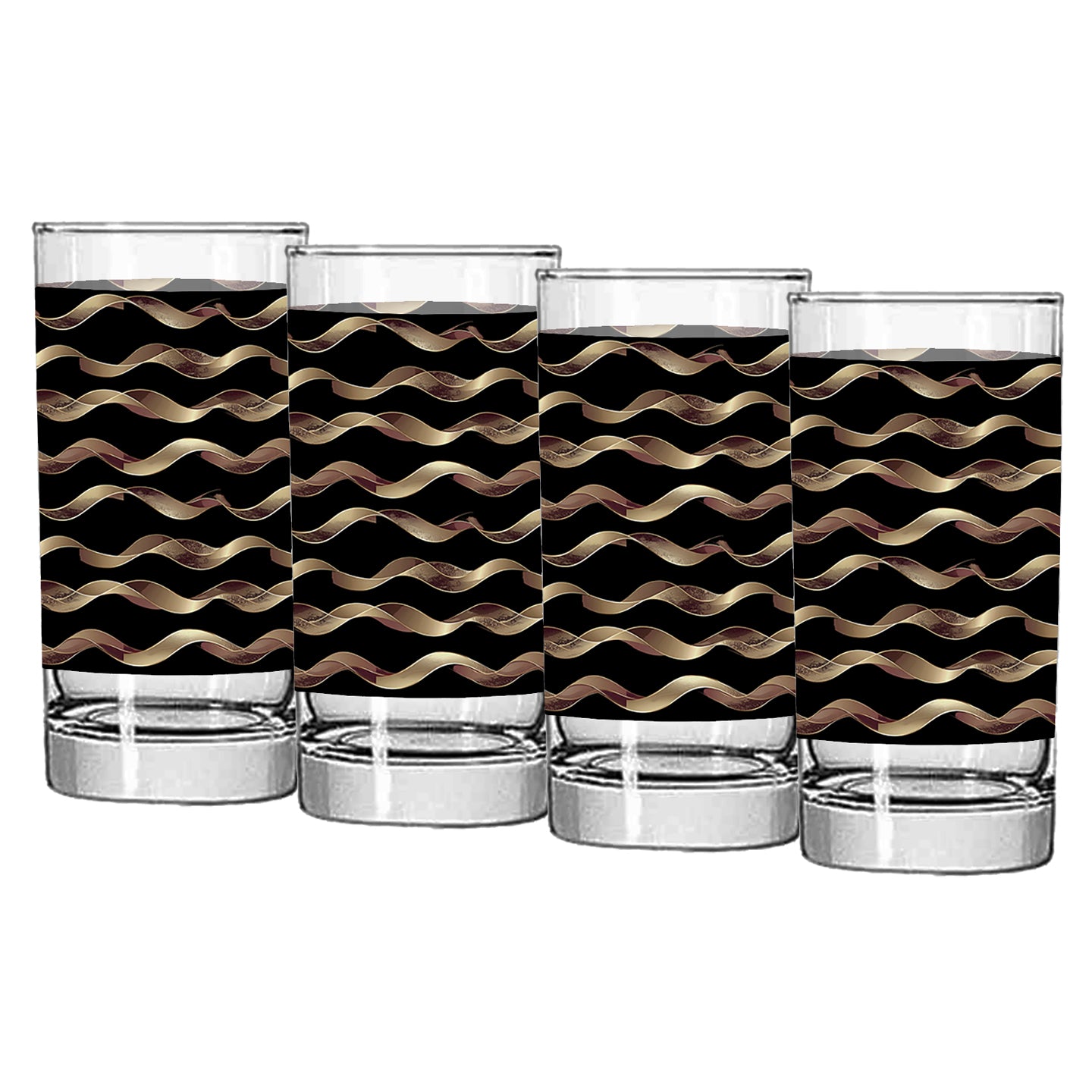 Four glass tumblers with black and gold wavy pattern on white background
