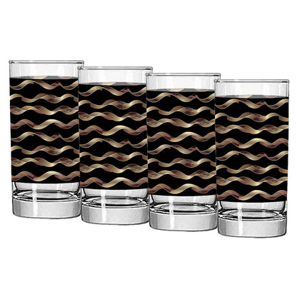Four glass tumblers with black and gold wavy pattern on white background