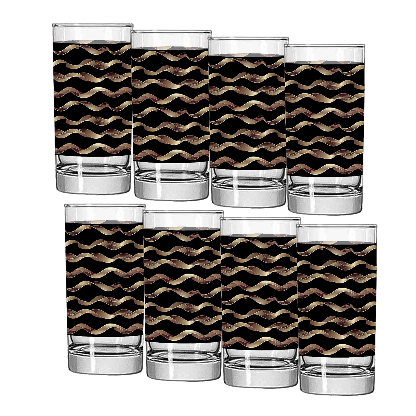 Set of glass tumblers with black and gold wavy pattern on a white background
