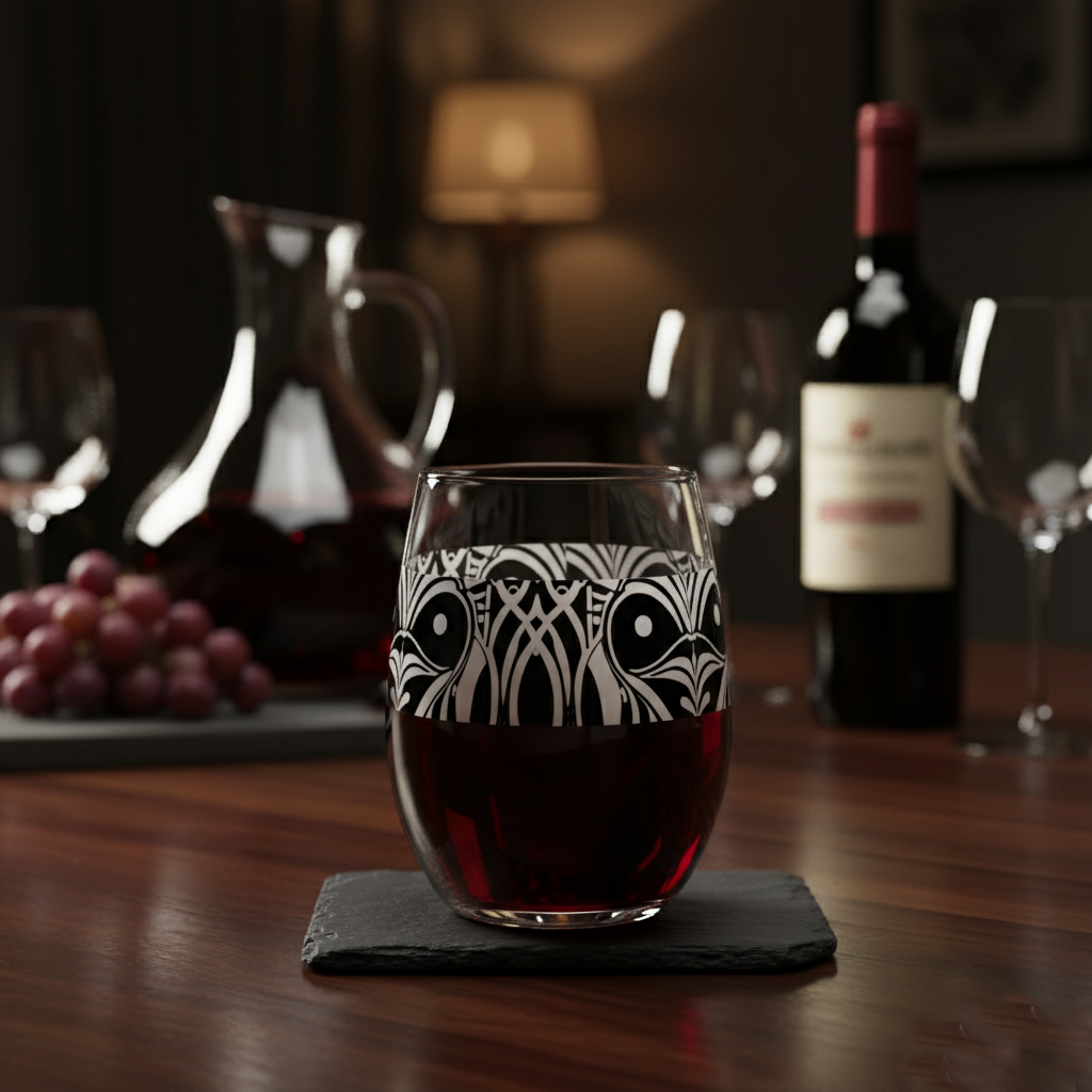Midnight Mask Stemless Wine Glass | Intricate Enigma Style