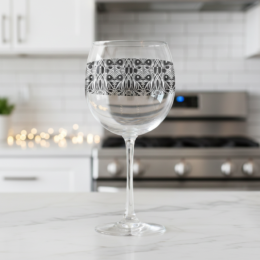 Midnight Mask wine glass with a black and white Venetian mask design on a kitchen counter with blurred background