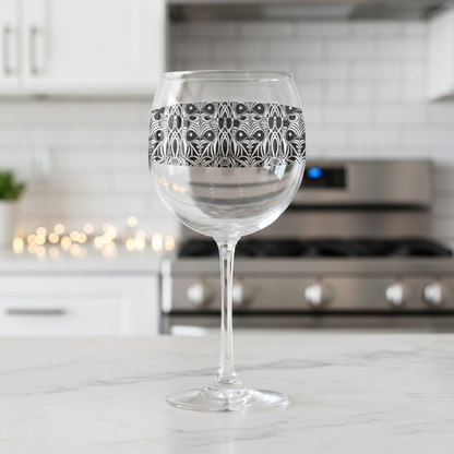 Midnight Mask wine glass with a black and white Venetian mask design on a kitchen counter with blurred background
