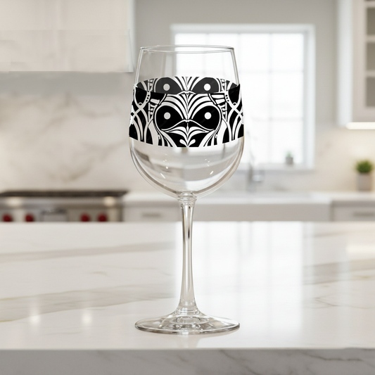 Midnight Mask tall wine glass with black and white mask design  on a marble kitchen counter