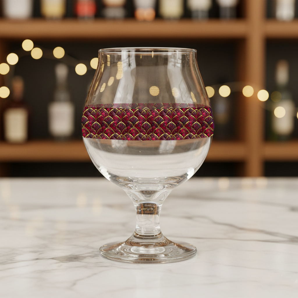 Crimson Jewels Belgian beer glass with a ruby and gold design on a marble surface with blurred bottles in the background