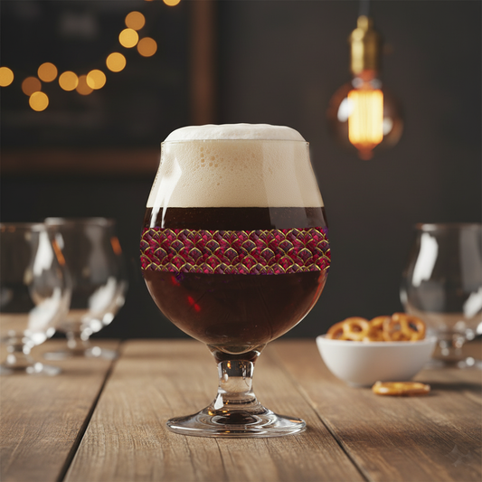 Crimson Jewels Belgian beer glass with a ruby and gold design, filled with dark beer and foam on a wooden table with blurred lights in the background