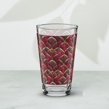 Crimson Jewels pint beer glass with ruby and gold design on a white background