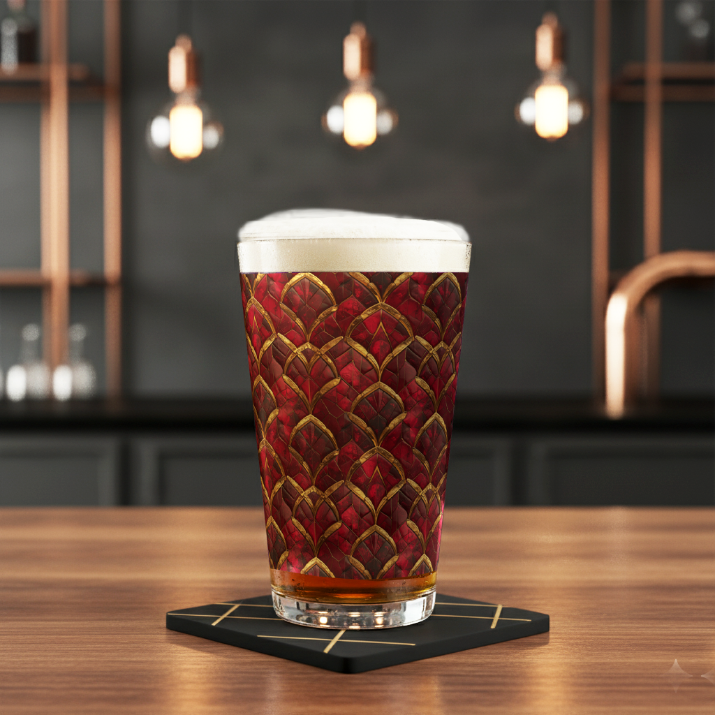 Crimson Jewels pint glass with ruby and gold design, filled with beer and foam head on a coaster in a bar setting
