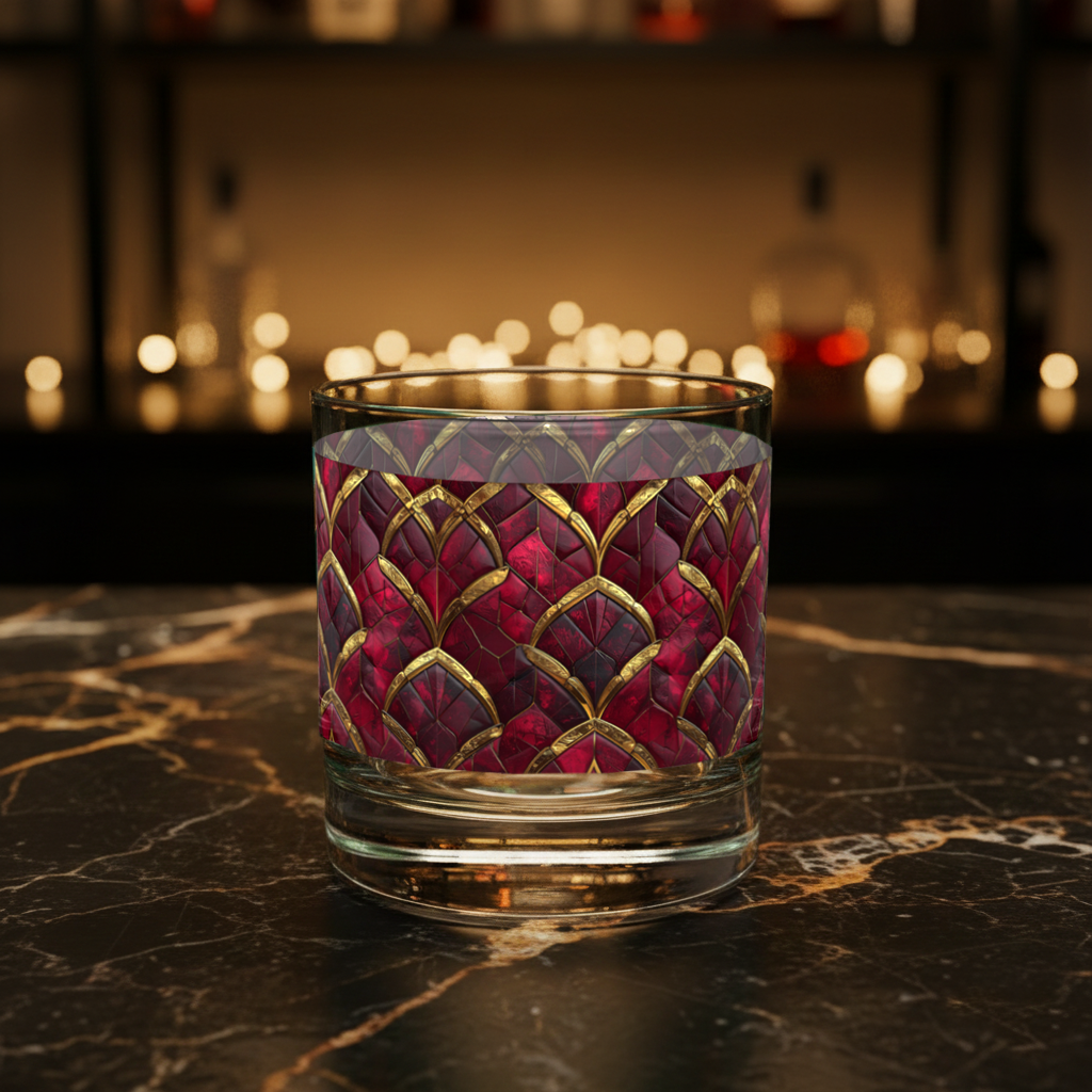 Crimson Jewels rocks glass with a ruby and gold design on a dark marble surface