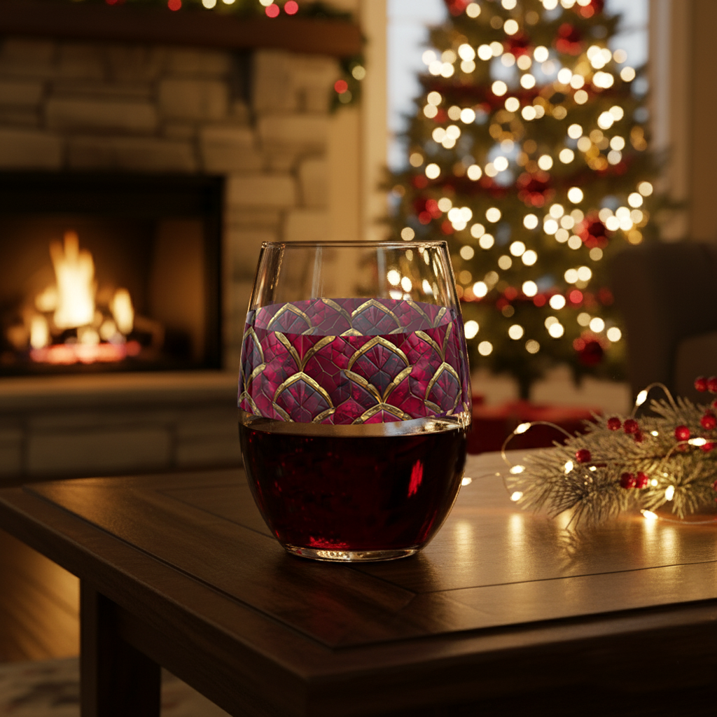 Crimson Jewels stemless wine glass with ruby and gold design on a table in front of a Christmas tree and fireplace.