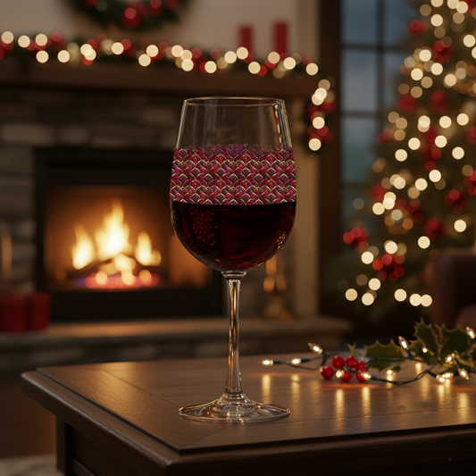 Crimson Jewels tall wine glass with ruby and gold design and in a festive setting with a fireplace and Christmas tree.