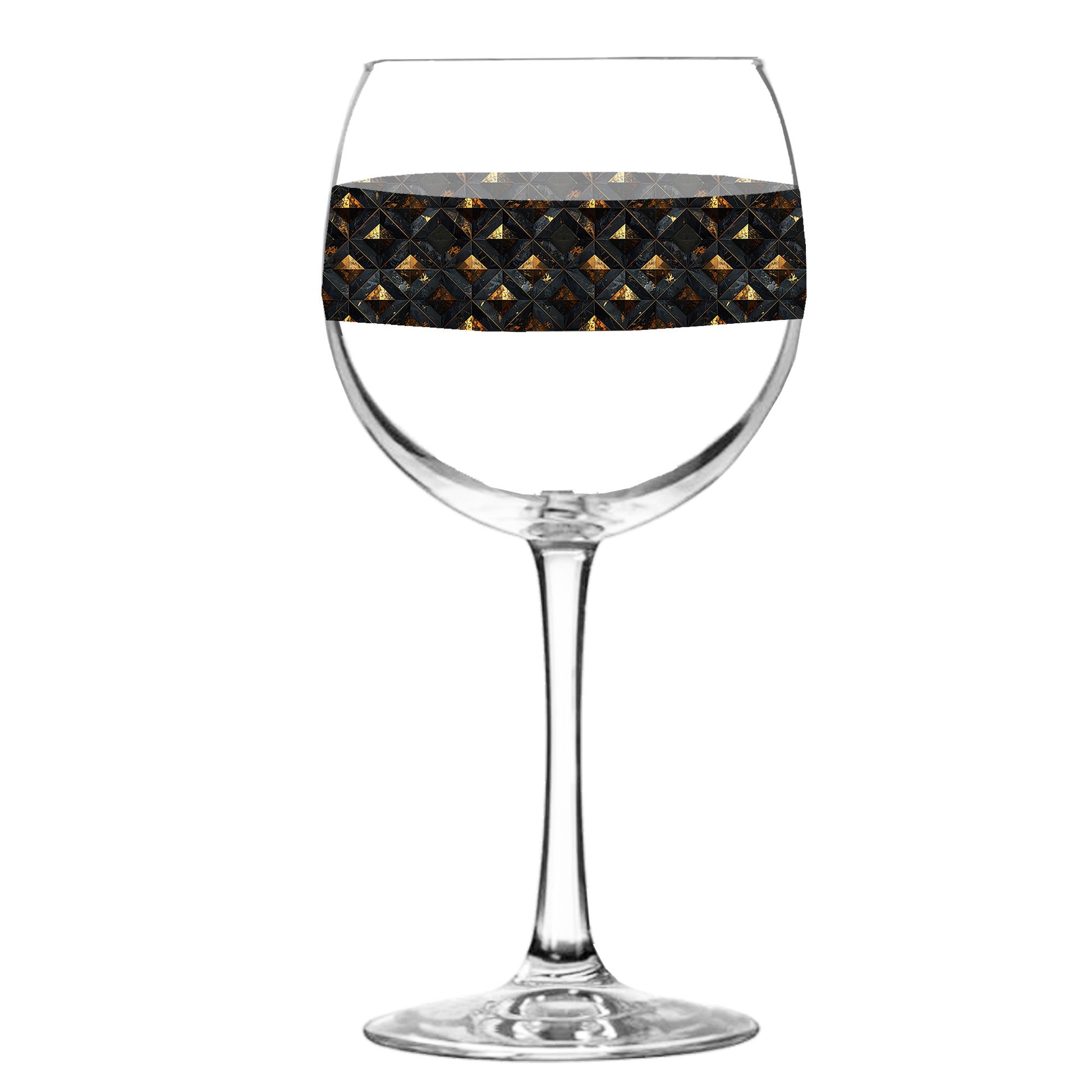 Balloon wine glass with black and gold diamond design on a white background