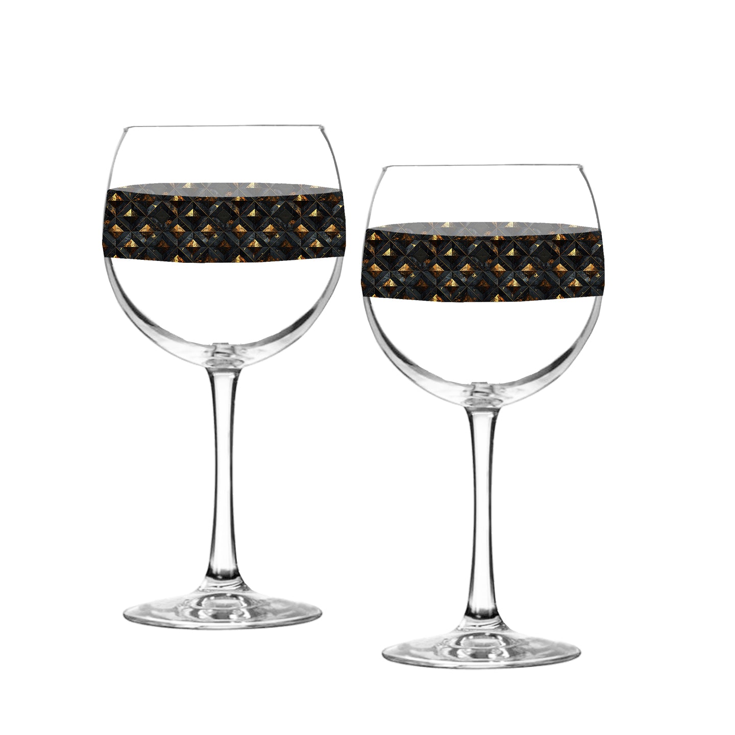 Two balloon wine glasses with black and gold diamond design on a white background