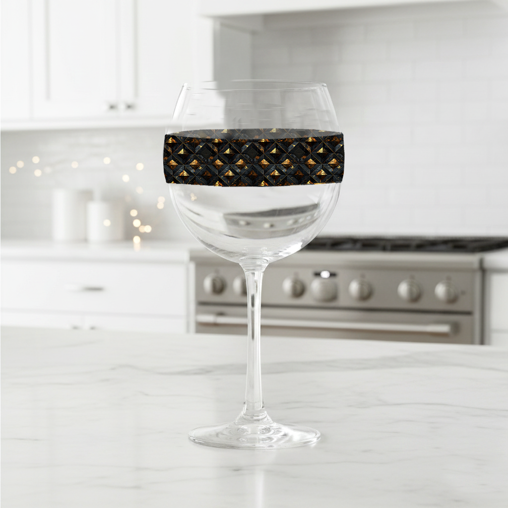 Gilded Decay balloon wine glass with black and gold geometric design on a kitchen counter