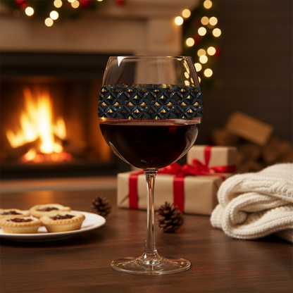 Gilded Decay balloon wine glass with black and gold geometric design, cookies, and presents on a table with a fireplace in the background