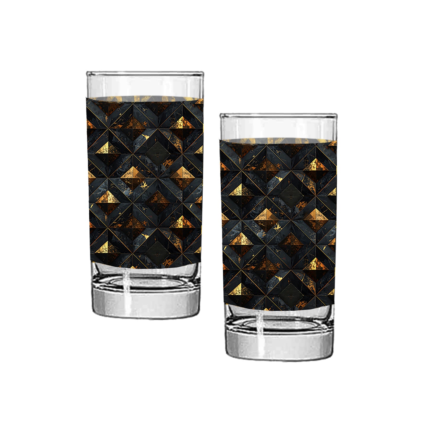 Two highball glasses with geometric black and gold pattern on a white background