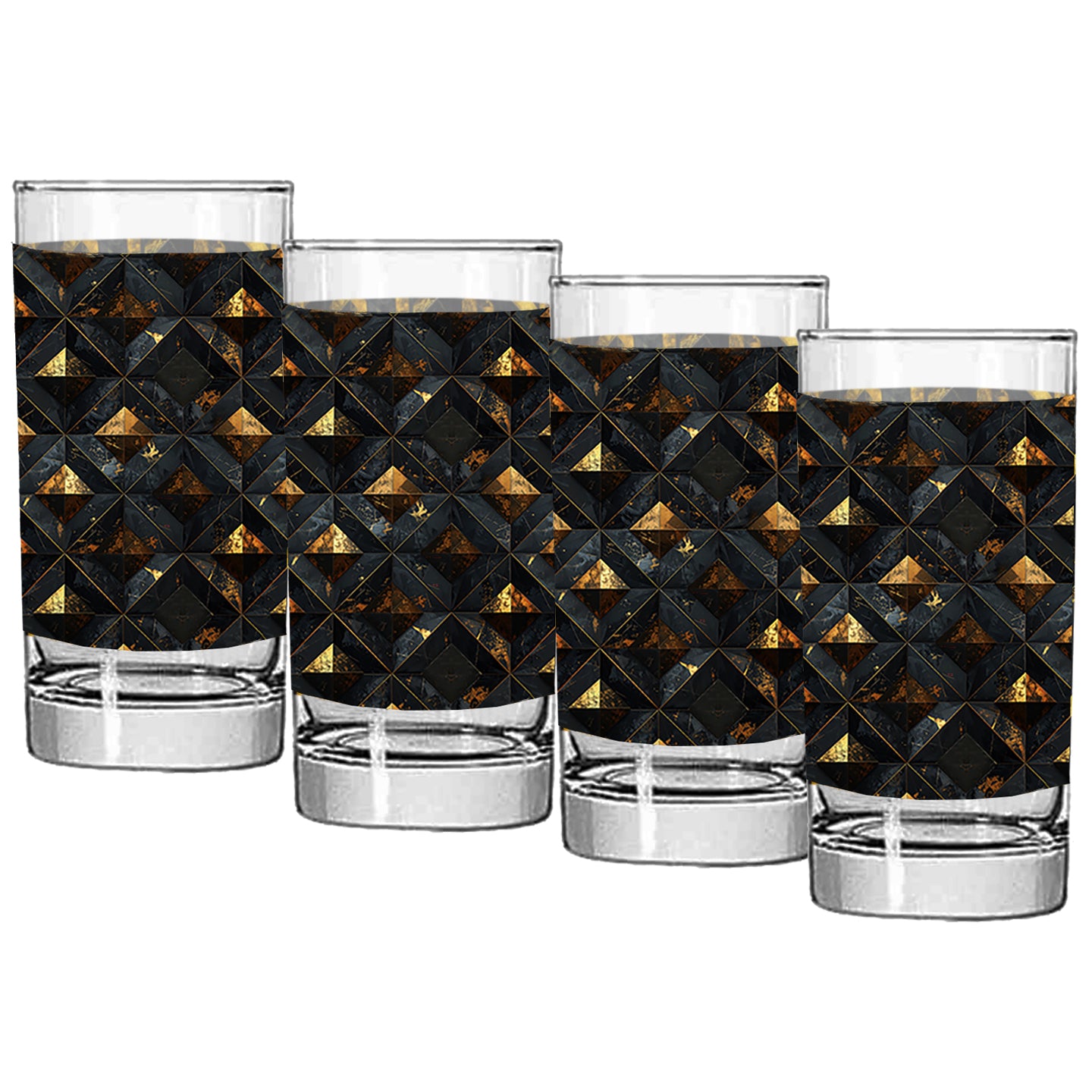 Set of four highball glasses with black and gold geometric pattern on a white background