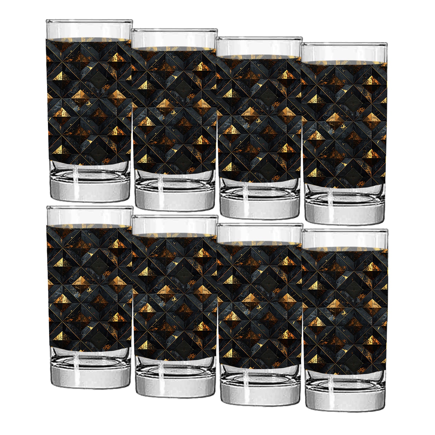 Set of eight highball glasses with black and gold geometric pattern on a white background