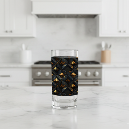 Gilded Decay highball glass and cocktail with charcoal and gold geometric pattern on a kitchen counter
