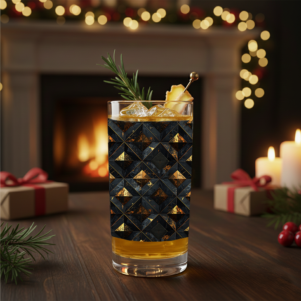 Gilded Decay highball glass and cocktail with charcoal and gold geometric pattern on a festive background with candles and presents.