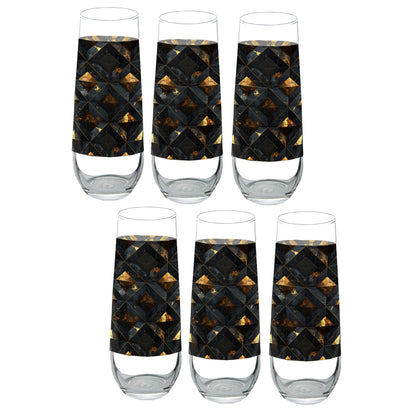 Set of six stemless champagne glasses with black and gold geometric pattern on a white background