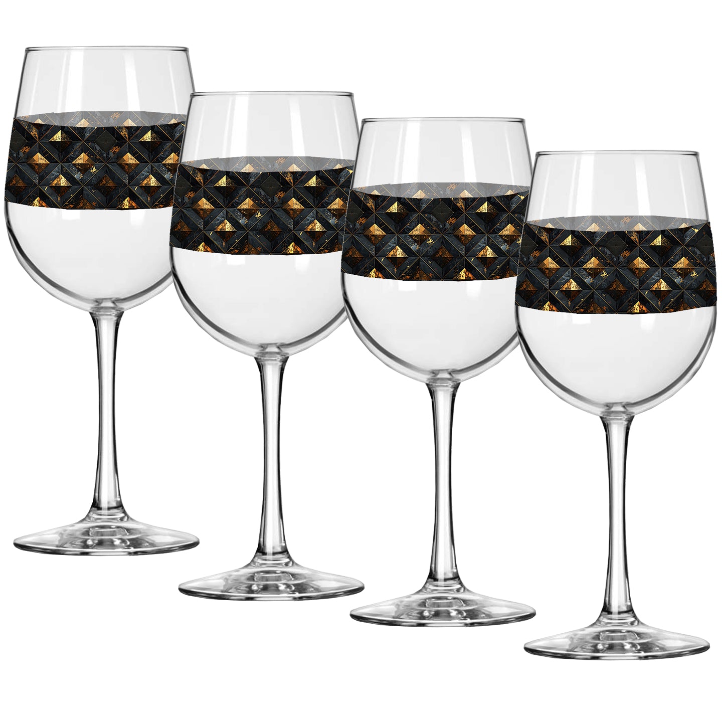 Four wine glasses with black and gold diamond design on a white background