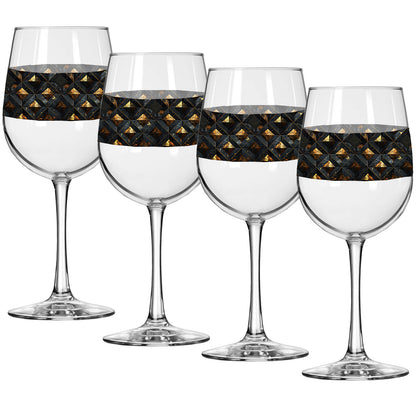 Four wine glasses with black and gold diamond design on a white background