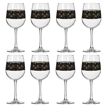 Set of eight wine glasses with black and gold diamond design on a white background