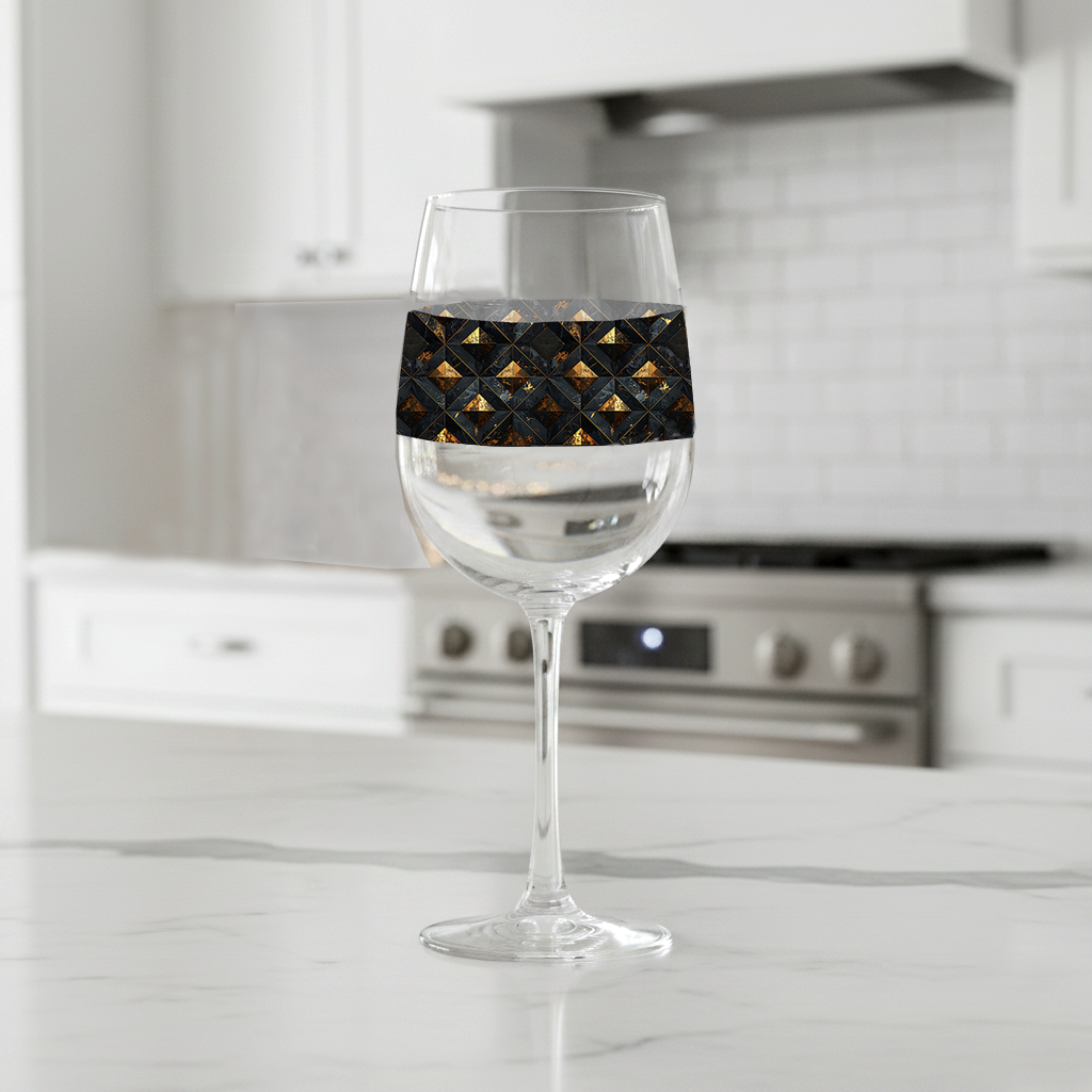 Gilded Decay tall wine glass with charcoal and gold geometric design on a kitchen counter
