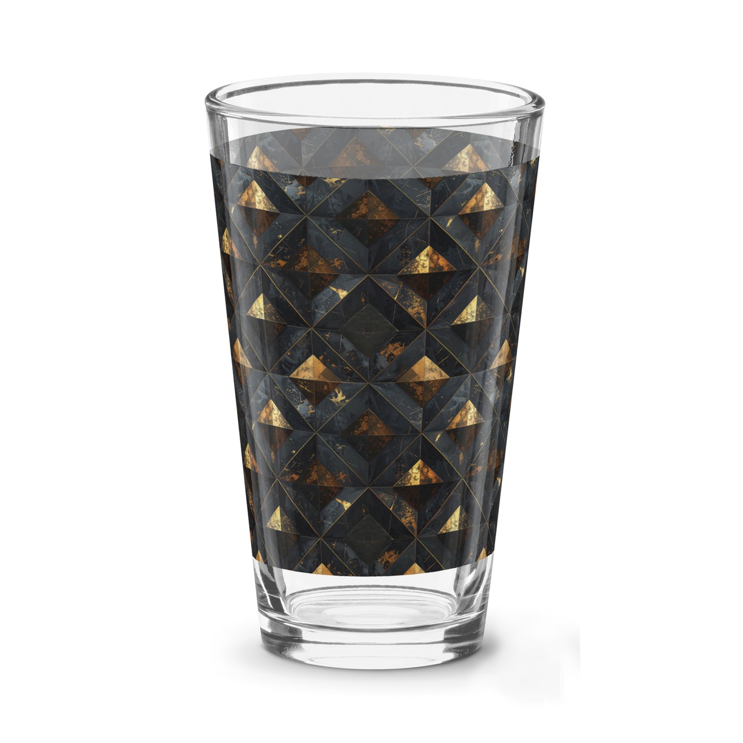 Pint beer glass with black and gold geometric pattern on a white background
