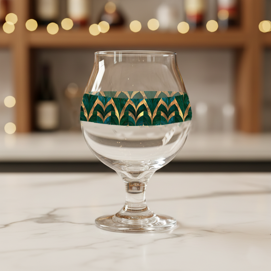 Emerald Royale Belgian clear glass with green and gold decorative design on a marble surface with blurred background
