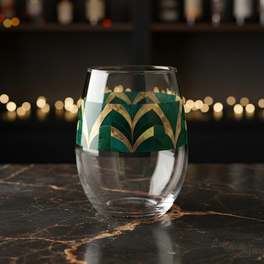 Emerald Royale stemless wine glass with green and gold design on a dark surface with blurred lights in the background